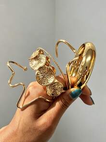 5/1pc Set Vintage Minimalist Casual Style Wavy Round Disc Smooth Gold Bracelet Set, Suitable For Women's Daily Wear, Dating, Party, Vacation, Wedding, Layering, Gift - Gold - View 6
