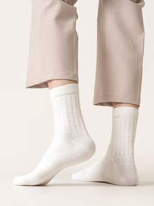 5/6 Pairs Men Cotton Grid Jacquard Crew Socks, Breathable Moisture‑Wicking Mid‑Calf Socks, Solid Color Soft Ribbed Cuff Casual Daily Socks For Men - Multicolor - View 5