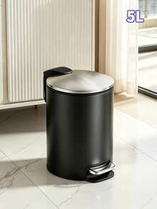 3L/5L Color Block Matte Black Metal Trash Can With Lid, Stainless Steel Foot Pedal Waste Bin, Large Capacity Round Wastebasket For Home Living Room Bedroom Bathroom Kitchen Office Storage - View 12