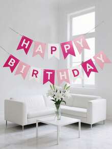 1 Set Pink Happy Birthday Paper Bunting, Modern Metallic Letter Graphic Decorative Pull Flag, Suitable For Birthday Party Event Decoration - A - View 1