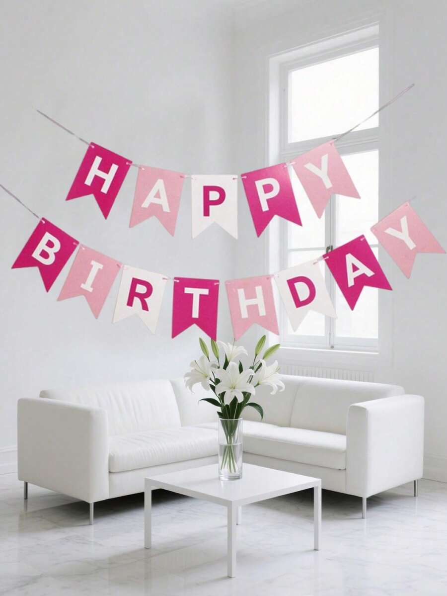 1 Set Pink Happy Birthday Paper Bunting, Modern Metallic Letter Graphic Decorative Pull Flag, Suitable For Birthday Party Event Decoration - A - View 1