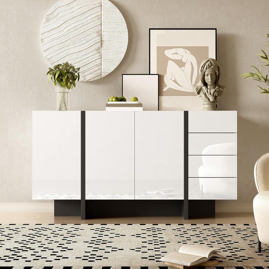 Sideboard Black With Storage With Drawers With Doors Made Of Wood For Dining Room And Living Room - 黑與白 - 查看 1