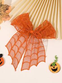1pc Halloween Orange Spider Web Embroidered Mesh Bow Hair Clip, Cute Hair Accessory For Girls, Party Hair Accessory - Multicolor - View 3