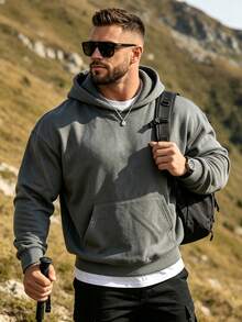 Hoodie Kasual Lengan Panjang Model Bahu Longgar Warna Polos untuk Pria, Musim Gugur/Dingin - Dark Grey - View 5