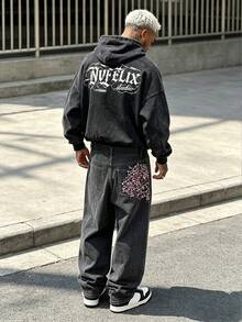 Men's Wide Leg Jeans, Decorative Faux Back Pockets With Cherry Blossom Tree Embroidery, Vintage Street Style Casual Long Pants - Grey - View 4