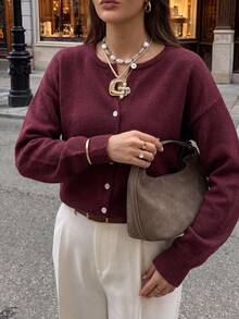 Just Masa Women's Fall Casual Button Front Sweater Cardigan, Solid Color Long Sleeve Round Neck Loose Sweater, For Daily Wear, Going Out, Office Travel, Date - Burgundy - View 7