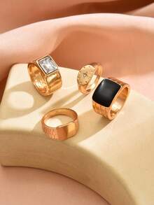 4pcs/Set Drip Oil Versatile Rhinestone Inlaid Shiny Minimalist Stackable Rings For Women - Golden Yellow a - View 2