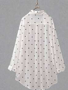 Women's White Polka Dot Long Shirt, Collared, Long Sleeve, Front Button Pocket, Regular Hem, Rolled Sleeve, Flowy Breathable Lightweight Shirt, Summer Beach Vacation Sun Protection Outerwear Spring - White - View 4