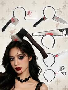 1pc/6pcs Halloween Horror Headband Set With Realistic Axe, Knife, Saw, Scissors And Blade Headbands, Blood Splatter Effect, Suitable For Halloween Costume, Party Pranks, Haunted House And Gothic Style - Halloween Headband - View 1