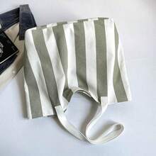 Bolso tote de gran capacidad para mujer con superficie suave de tela, color gris brumoso con rayas y bloques de color, bolso de compras de moda, bolso de mano minimalista para mujer - Gris Claro - Ver 3