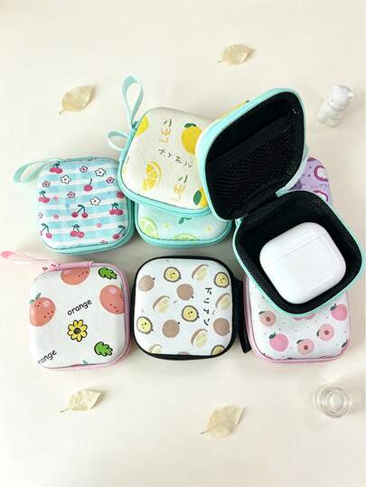 1 pieza Estuche cuadrado de EVA para auriculares, bolsa de almacenamiento con estampado de fruta fresca, caja protectora portátil a prueba de presión para auriculares/unidad USB/llaves