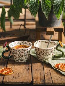 DearDali 1pc Hand-Painted Vine & Floral Ceramic Mug With 3D Flower Handle And Wavy Rim, French Vintage Pastoral INS Style Coffee Cup For Tea, Latte, Milk, Juice, Home Afternoon Tea, Creative Holiday Gift - Multicolor - View 5