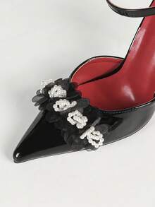 Women's Black Pointed Toe French Mesh Pearl Flower Closed Toe High Heel Sandals With Single Strap Stiletto Heel For Evening Party Dress - Black - View 3