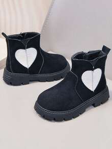 Korean Style Colorblock Heart Thermal Lined Ankle Boots Children's Thick Sole Anti-Slip Boots Side Zipper Winter Boots - Black - View 5