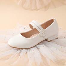 1 Pair Girls Floral Pearl Patent Leather Comfortable Round Toe Double Strap Low Heel Sweet Mary Jane Princess Shoes Suitable For Party/Performance - White - View 4