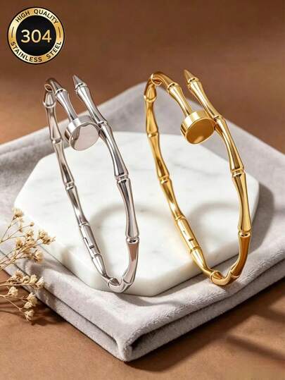 1 pieza Brazalete de acero inoxidable chapado en oro de 18K con diseño minimalista de bambú para mujer, accesorio de lujo exclusivo para uso diario y fiestas