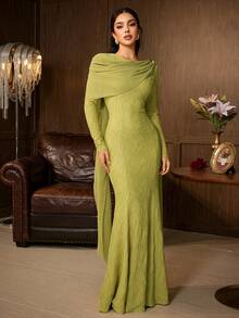 Elegant Women's Long Sleeve Round Neck Mermaid Dress, Asymmetric Ruffle Hem, Green Woven Fabric, Showcasing Charming Style - Olive Green - View 6