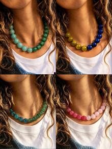 1 pièce Collier de perles bicolore en acier inoxydable avec effet de nuage, perles rondes géométriques bohèmes style européen & américain, accessoire pour femmes, cadeau de vacances, port quotidien - Collier en acier inoxydable orné de perles de résine faites à la main - Voir 2
