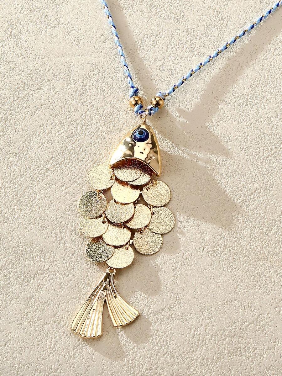 Nocturel 1pc 3D Movable Fish Pendant Gold Long Necklace For Women, Summer Vacation Accessory, Gift For Her - Multicolor - View 1