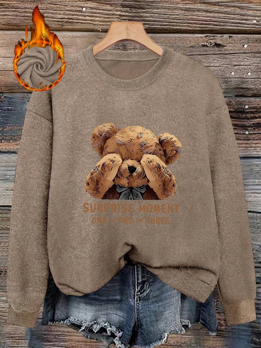 Plus Size Women Surprise Teddy Bear Pattern Casual Crew Neck Pullover Knit Sweater - Earth Gray - View 1