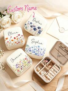 Personalized Beige Jewelry Box, Customizable Name Travel Jewelry Box, Suitable For Bridesmaids, Couples And As Gifts; Equipped With Fabric Lining And Zipper Closure, Combines Storage Function; Suitable As Valentine's Day, Christmas, Birthday Gifts Or Thoughtful Gifts For Her; Portable Design, Unique Gift For Women, Men, Sisters Or Close Friends. - Multicolor - View 2
