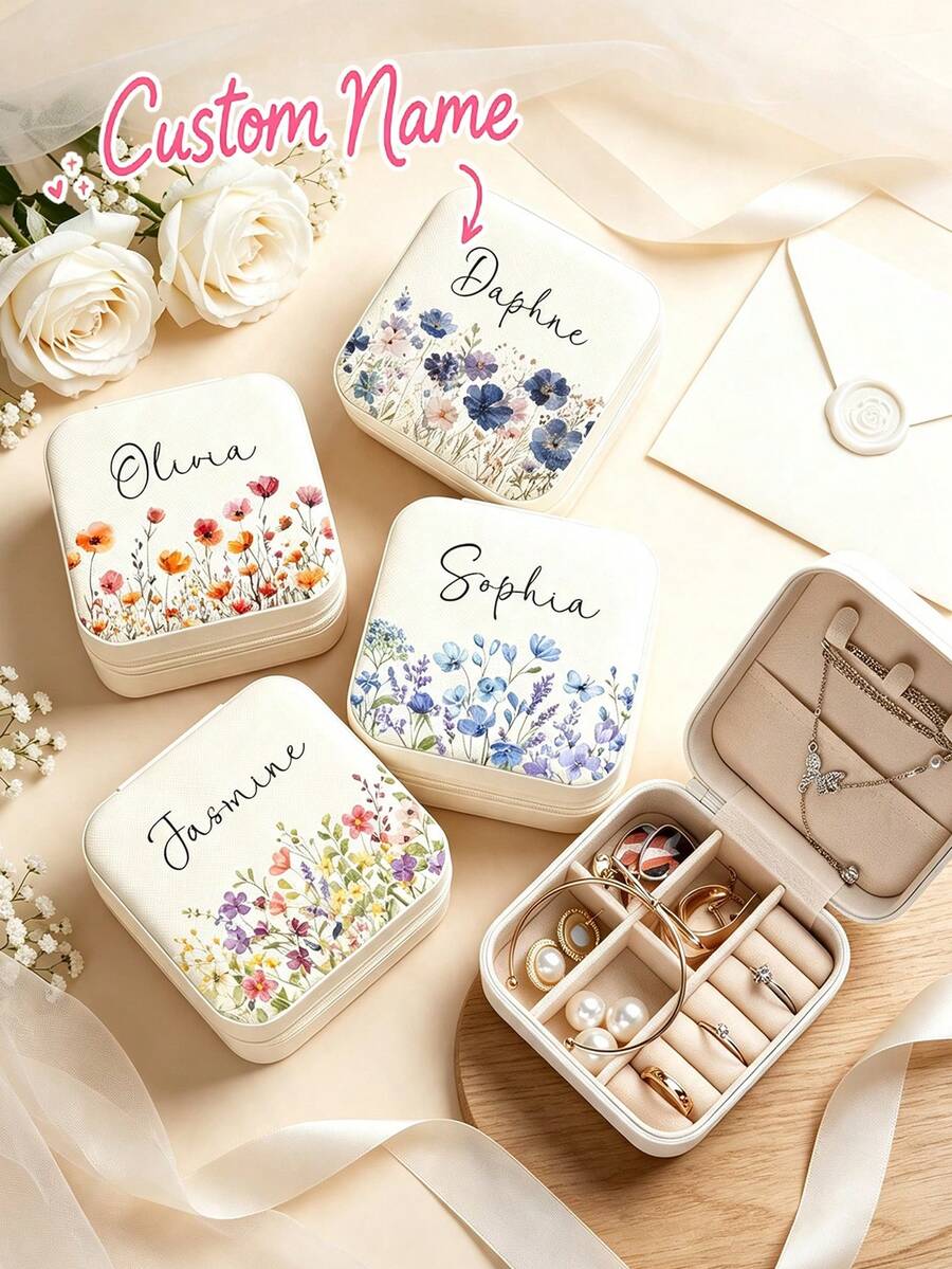 Personalized Beige Jewelry Box, Customizable Name Travel Jewelry Box, Suitable For Bridesmaids, Couples And As Gifts; Equipped With Fabric Lining And Zipper Closure, Combines Storage Function; Suitable As Valentine's Day, Christmas, Birthday Gifts Or Thoughtful Gifts For Her; Portable Design, Unique Gift For Women, Men, Sisters Or Close Friends.