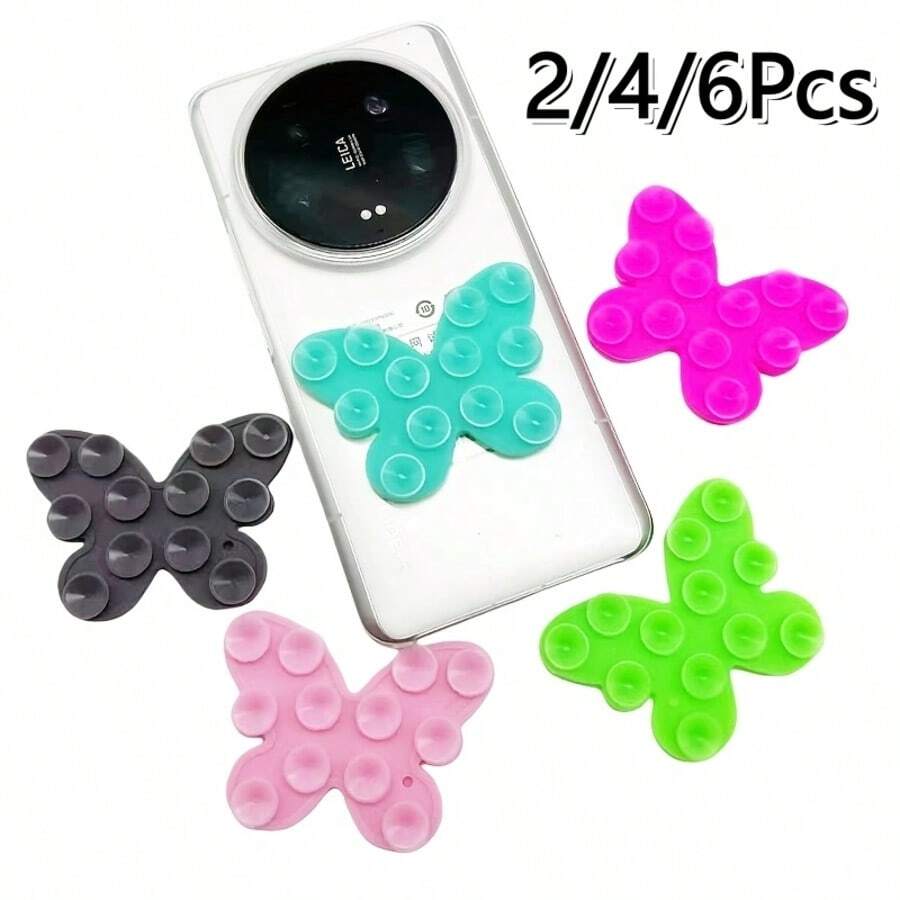2/4/6Pcs Butterfly Shaped Double-Sided Suction Cup Phone Holder, Multiple Colors Available, Washable And Reusable, Strong Adhesion For Selfie Video, Compatible With Phones And Tablets