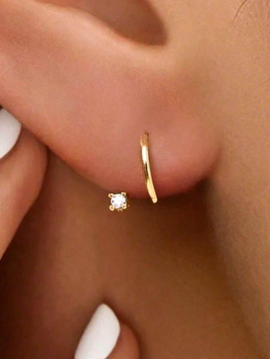 1 Pair Zirconia Earrings - 14K Gold Plated Hypoallergenic Material - Minimalist Elegant Women's Earrings - Suitable For Daily Wear And As Jewelry Gift - Multicolor - View 1
