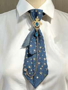 1pc Handmade Unisex Star Denim Chain Diamond Exquisite Tie, High-End Elegant, Suitable For Uniform, Daily, Party - Star Denim Style - View 4