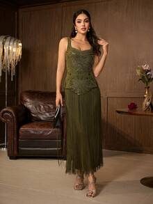 Elegant Women's Sleeveless Square Neck Beaded Tassel Long Formal Gown, Suitable For Evening Parties And Balls - Olive Green - View 6