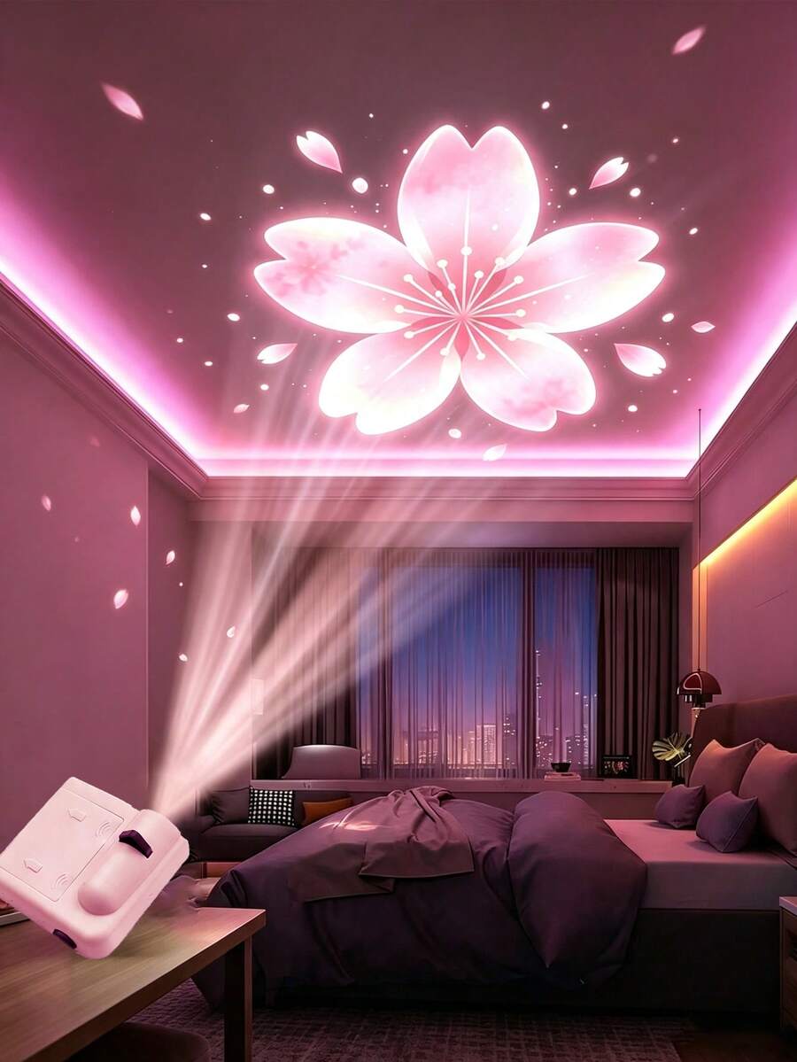 1pc Mini Plastic Projection Lamp, Cherry Blossom Projection Light, 1 Set LED Projection Lamp, Cherry Blossom LED Projection Light, Battery Operated, Suitable For Wall/Ceiling Decoration, Bedside Night Light, Birthday Gift, Party, Gathering, Room Decor, Night Light