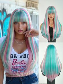 7JHH WIGS Hallowmas Green Pink & White Highlights Extra Long Straight Wigs For Women 26 Inch With Bangs, Synthetic Heat-Resistant Fiber Colorful Costume Wig For Cosplay Wear,Party Carnival Festivals Use - Multicolor - View 2