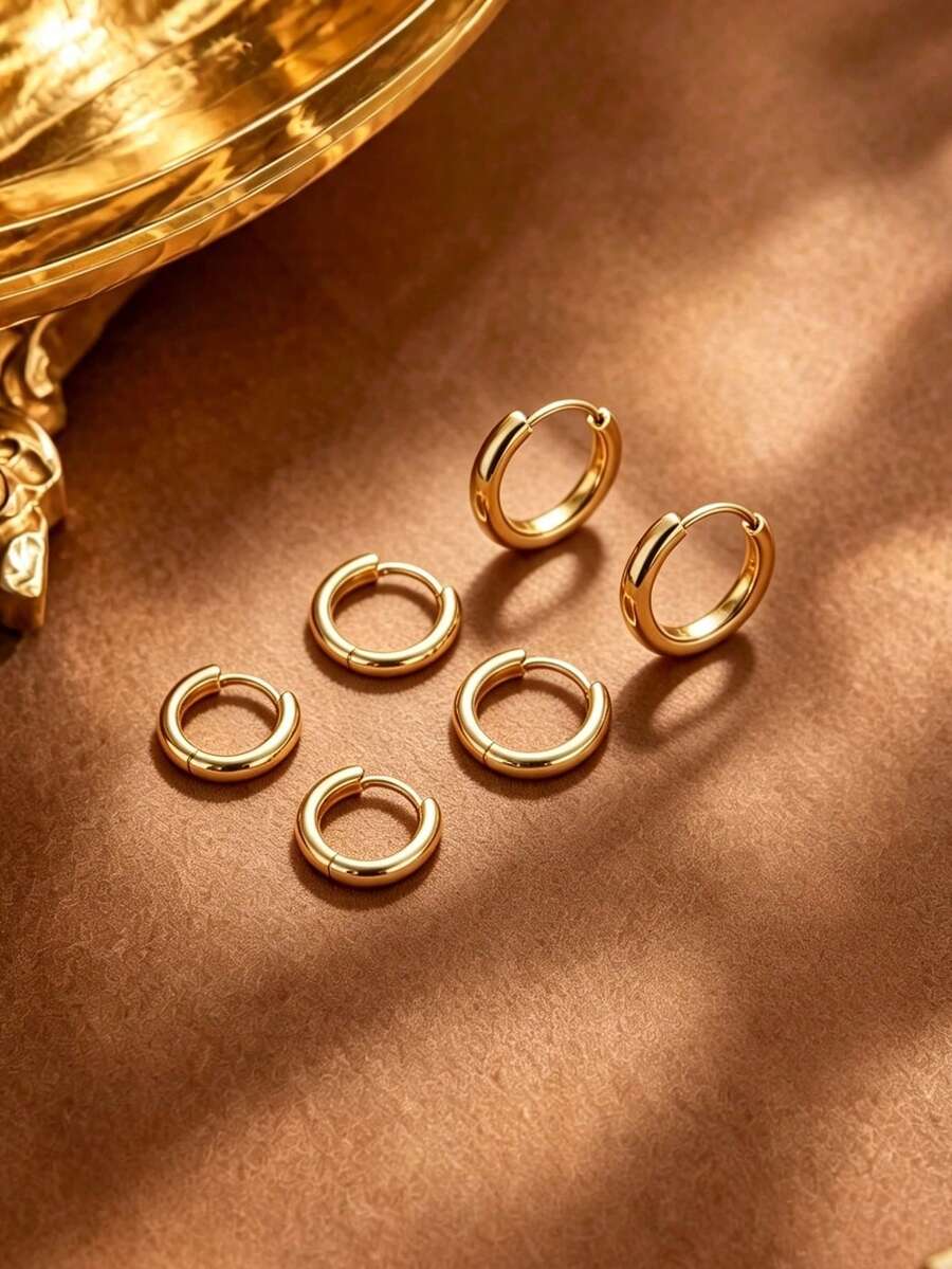 1 Set Classic Minimalist Style Stainless Steel Hoop Earrings With Basic Coil Design For Women, Suitable For Daily Wear/Office Commute - Yellow Gold - View 1