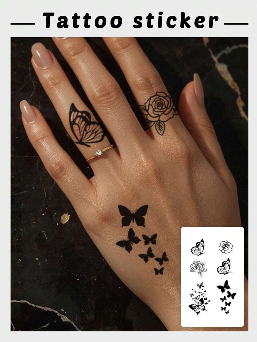 1 Sheet Elegant Black Outline Butterfly Rose Fake Tattoo Sticker, Minimal Floral Insect Temporary Tattoo, Sweat‑Resistant Waterproof Body Decal, Chic Pattern For Fingers Hand, Fashion Body Accessory For Young Ladies - Black - View 1