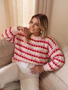 Sweater Pullover Kasual Wanita Warna Pink untuk Musim Gugur/Dingin, Atasan Lengan Panjang Bahu Longgar Rajut Bergaris Warna Blok, Set Pakaian Kembali ke Sekolah Musim Gugur - MultiWarna - View 5