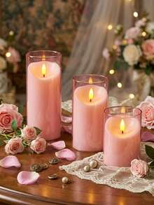 3pcs Flameless Candle Lights Set With Timer Remote Control, Battery Operated Pink Cup Candles, Suitable For Christmas, Halloween, Valentine's Day, Gifts, Presents, Birthday, Wedding, Dining Table, Party - Pink - Warm Light - View 5