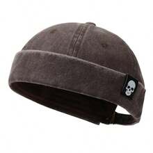 1pc Skull Logo Hat, Washed Distressed Brimless Skull Cap, Solid Color, Suitable For Parties And Outings, Unisex, All Season - A - View 14
