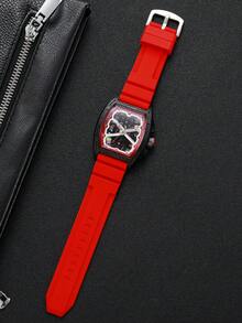 Men's Silicone Watch Classic Fashion Barrel-Shaped Personalized Gear Dial Handsome Sports Quartz Wristwatch (1pc/Set) Watch Box Not Included - Red - View 6