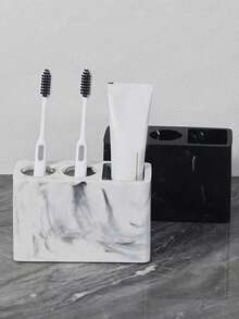 White/Black Marble Pattern Desktop Oral Care Storage Rack, Easy-To-Clean Resin Material, Suitable For Bathroom, Rental Apartment And Hotel Washroom Storage - Multicolor - View 2