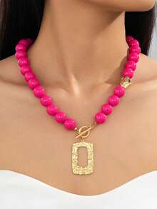 Rose Red Acrylic Beaded Necklace With Hammered Hollow Rectangular Metal Pendant - Hot Pink - View 2
