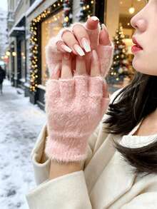 1 Pair Of Women's Open Finger Knitted Plush Gloves, Suitable For Winter Gloves, Essential For Travel And Keeping Warm - One Size - View 1