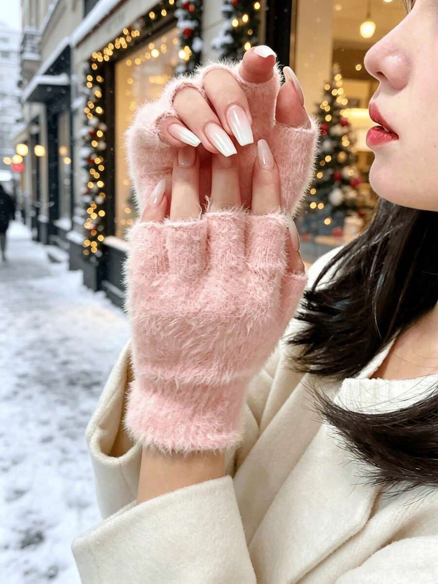 1 Pair Of Women's Open Finger Knitted Plush Gloves, Suitable For Winter Gloves, Essential For Travel And Keeping Warm - One Size - View 1
