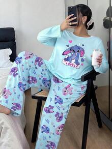 Casual Plus Size Women's "LOVELY" Cartoon Print Pajama Set, 2-Piece Set, Round Neck Long Sleeve Top And Long Pants, Suitable For Autumn/Winter - Blue - View 1