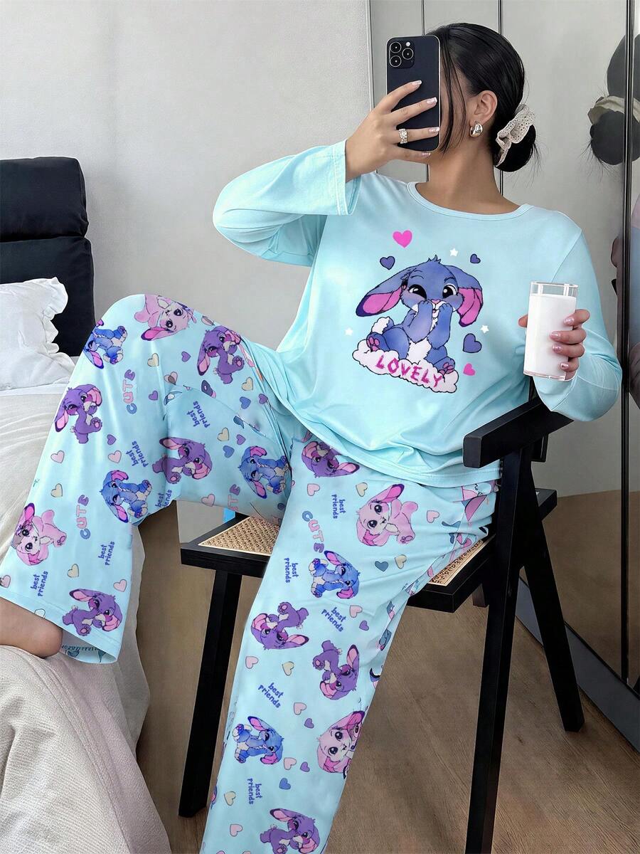 Casual Plus Size Women's "LOVELY" Cartoon Print Pajama Set, 2-Piece Set, Round Neck Long Sleeve Top And Long Pants, Suitable For Autumn/Winter - Blue - View 1