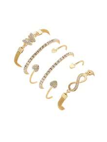 6pcs Women's Minimalist Personalized Metal Rhinestone Bracelet Set - Includes Butterfly, Heart And Infinity Symbol Elements, Multi-Layer Stacking Design, Suitable For Daily Wear, Party, Date And Other Occasions - Gold 6pcs Heart Bow - View 6