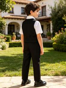 YOKLUN Young Boys 3 Pieces Gentleman Suit Set, Black Sleeveless Vest With Straight Leg Pants And Contrast Color Bow Tie, Lightweight Formal Wear For Wedding Party, Spring And Autumn - Black - View 4