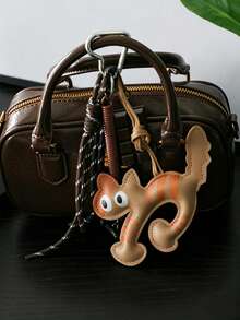 Cute Leather Cat Bag Charm Keychain, Cat Pendant With Chocolate Charm And Braided Rope Tassel, Bag Charm, Car Interior Charm, Car Keychain. Sweet Coffee Tone Bag Accessory Gift, Suitable For Women And Girls, Gift For Women, Birthday, Holiday Gift. - Multicolor - View 4