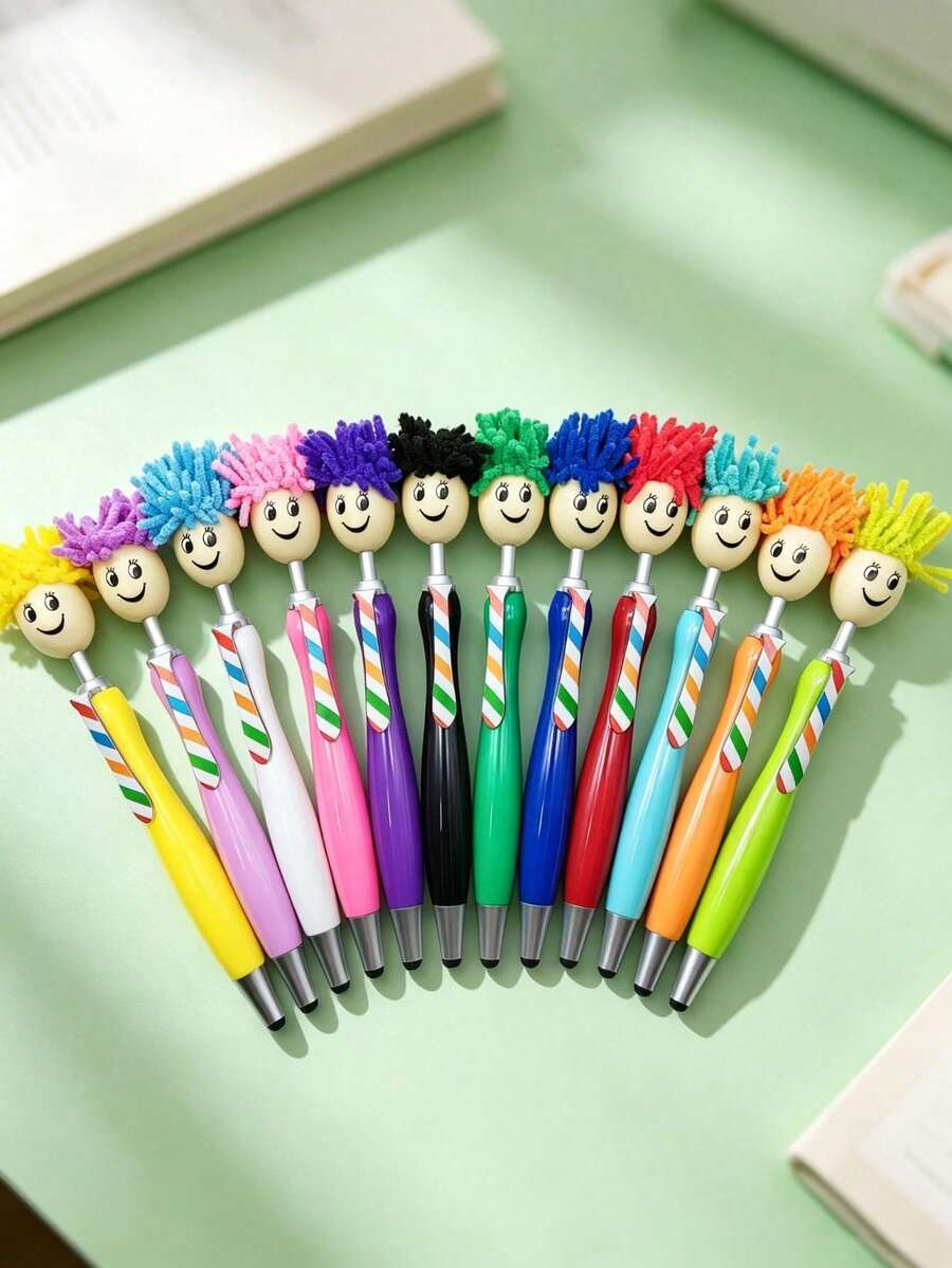 1/4/5pcs Creative Multicolor Cute Smiling Face Plush Head Ballpoint Pens, Personalized Back To School Gift Pens - Multicolor - View 1