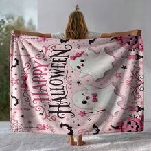 1pc Pink Happy Halloween Flannel Throw Blanket, Cute Bow Ghost Pumpkin Bat Spider Web Pattern, Soft Polyester Material, Suitable For Sofa, Bedroom And Holiday Home Decor Pastel Style Kawaii Halloween Blanket, Size 50*60in - Multicolor - View 10