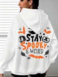 Fall/Winter Plus Size Women's Sweatshirt,Ghosts With A Halloween Theme,Skull And Pumpkin Print,Loose And Comfortable,Equipped With A Kangaroo Pocket,S - 白色 - 查看 7